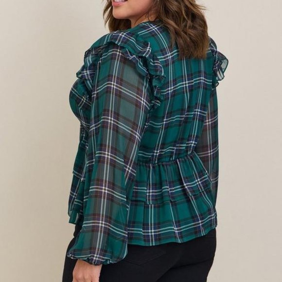 Torrid Size 2 - Chiffon Ruffled Surplice Crop Top - Plaid Green - Picture 3 of 4